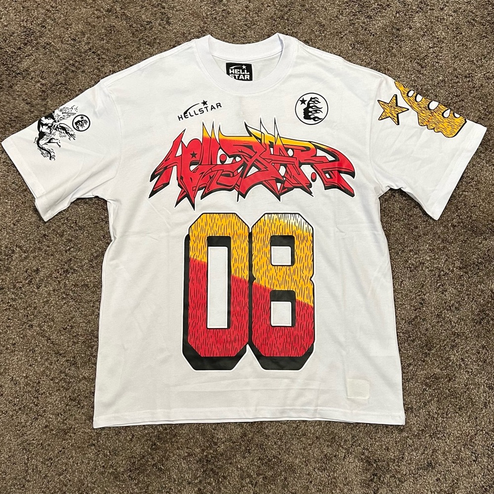 White Graphic Hellstar T-Shirt with Red and Yellow Design